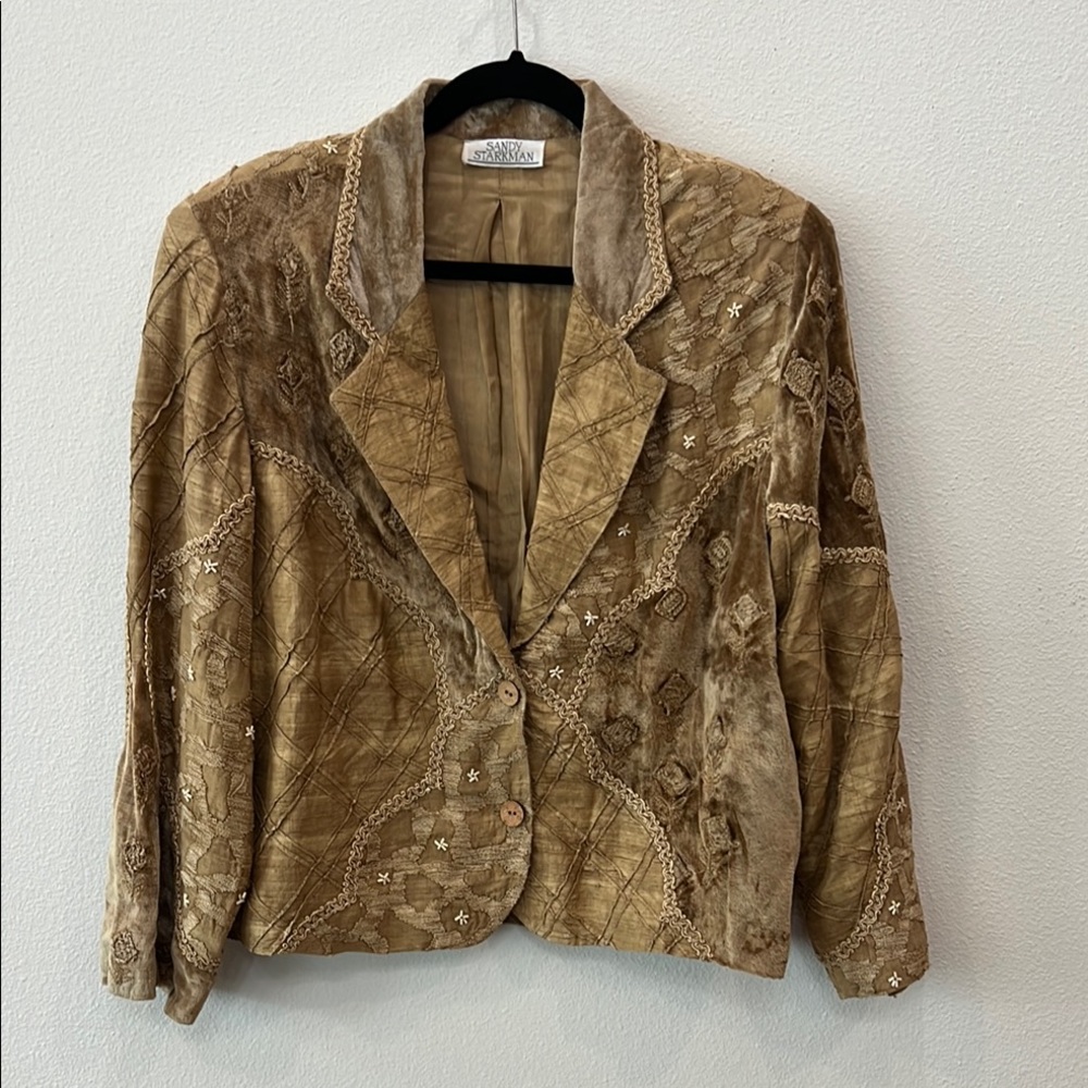 Vintage Gold Sandy Starkman Velvet, Beaded Artisan Boho Blazer w/ Lapel Collar.